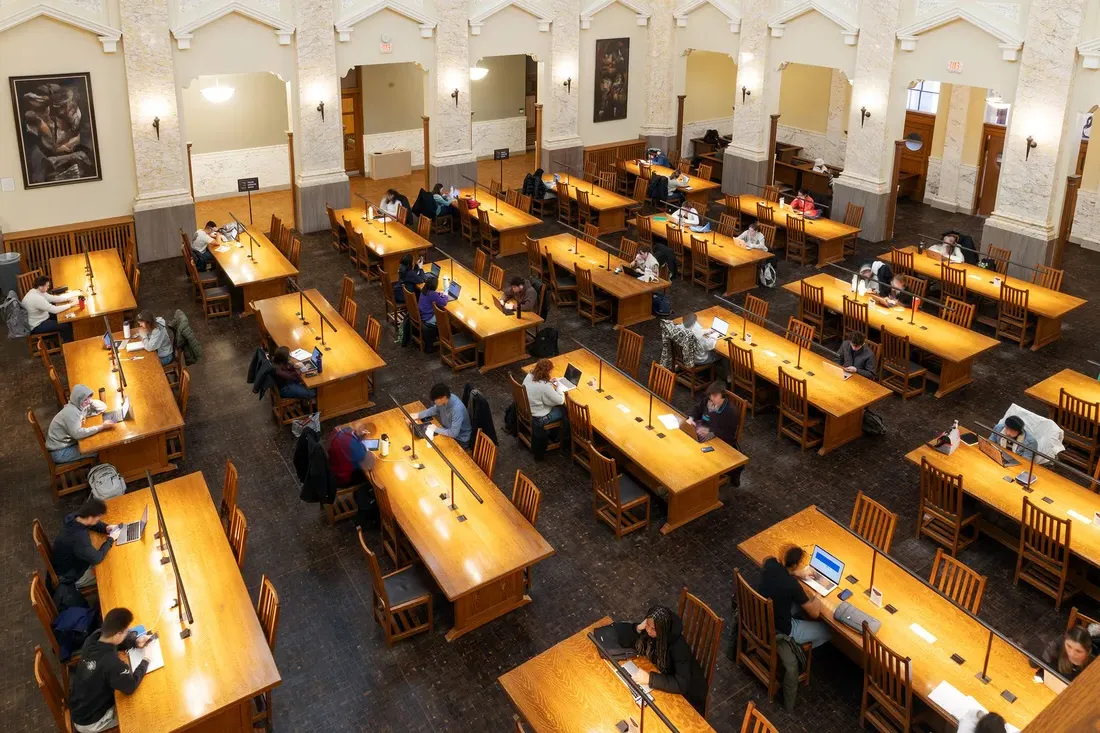 Desks in a library.